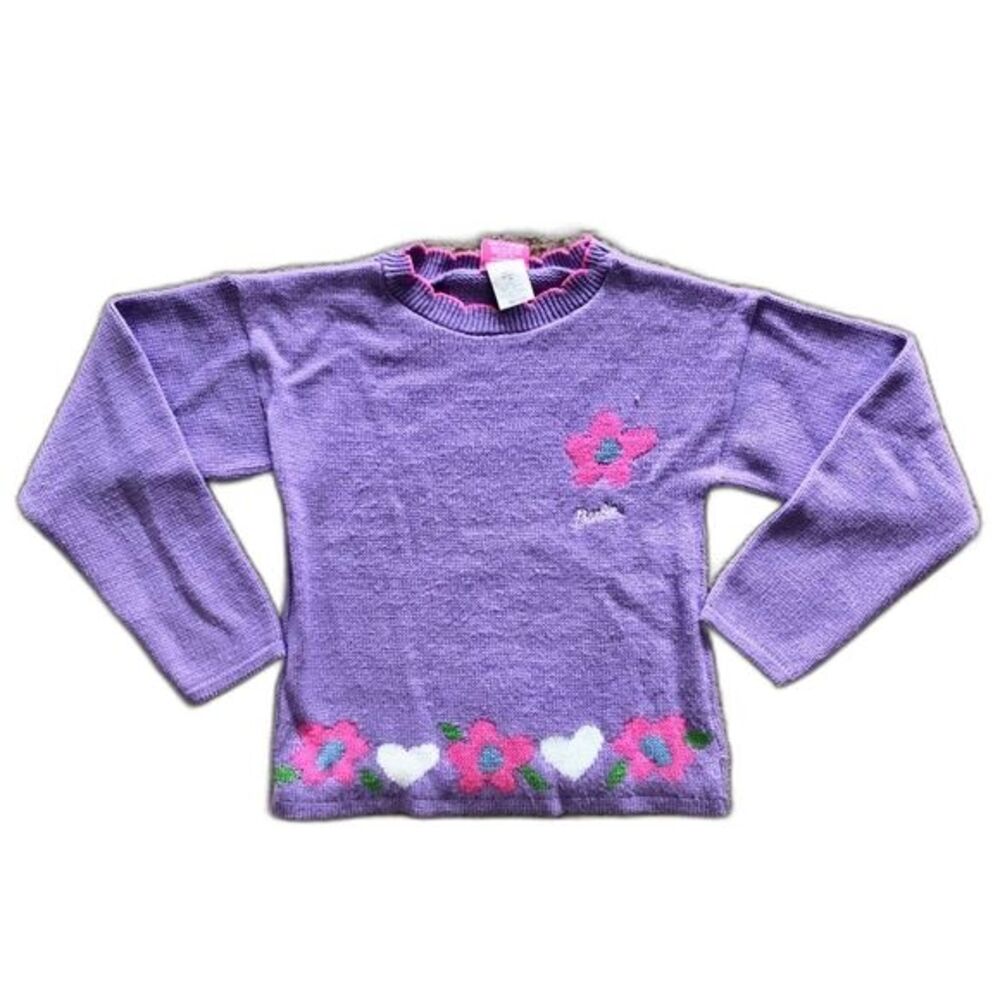Vintage Y2K Barbie Girls' Purple Sweater Flowers Size Medium Girly